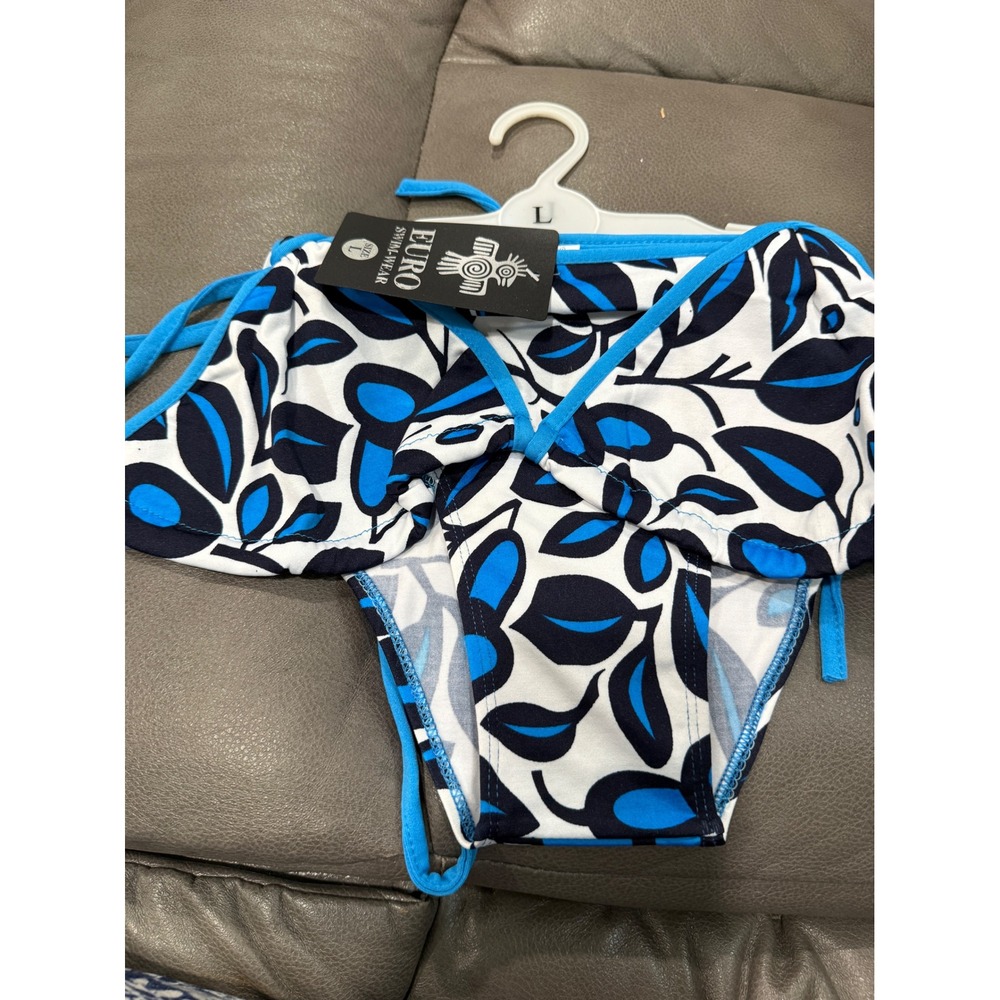 Euro Swimwear Blue Black White Leaf Print Ruffle Side Tie Bikini set Large